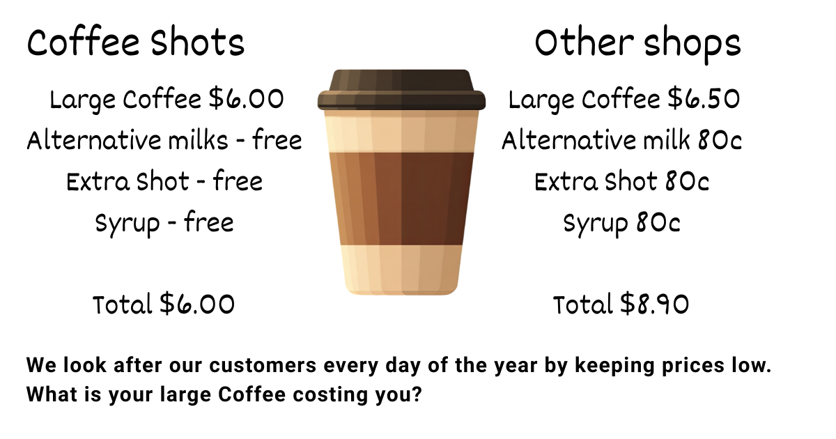 Menu, Coffee Shots Coffee Shop