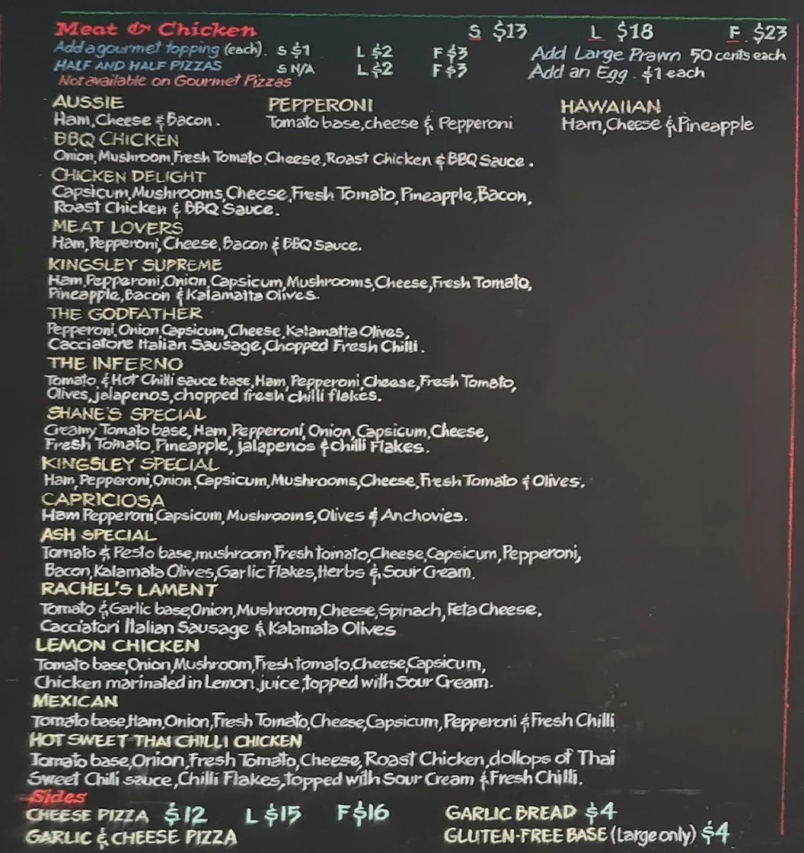 Menu, Kingsley Pizza