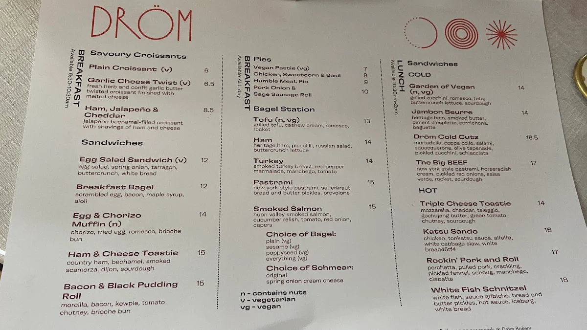 Menu, Dröm Bakery