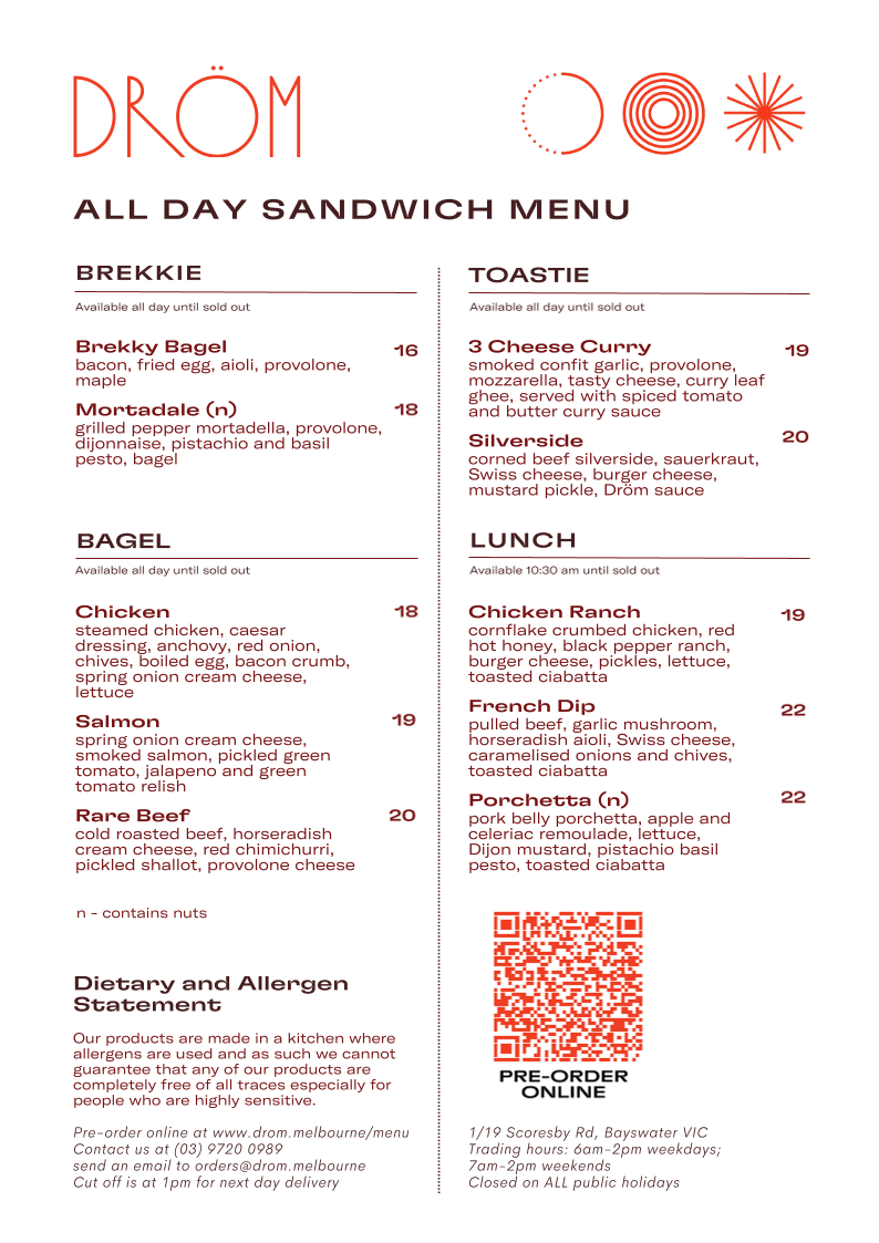 Menu, Dröm Bakery