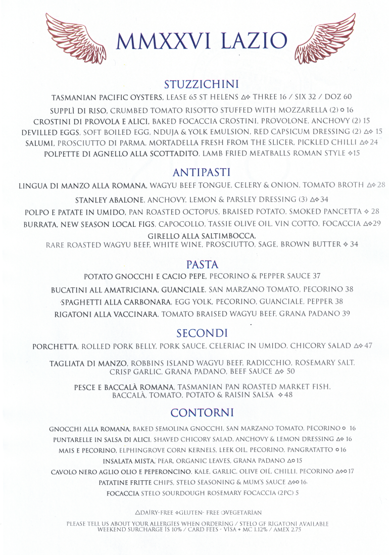 Menu, Stelo at Pierre's