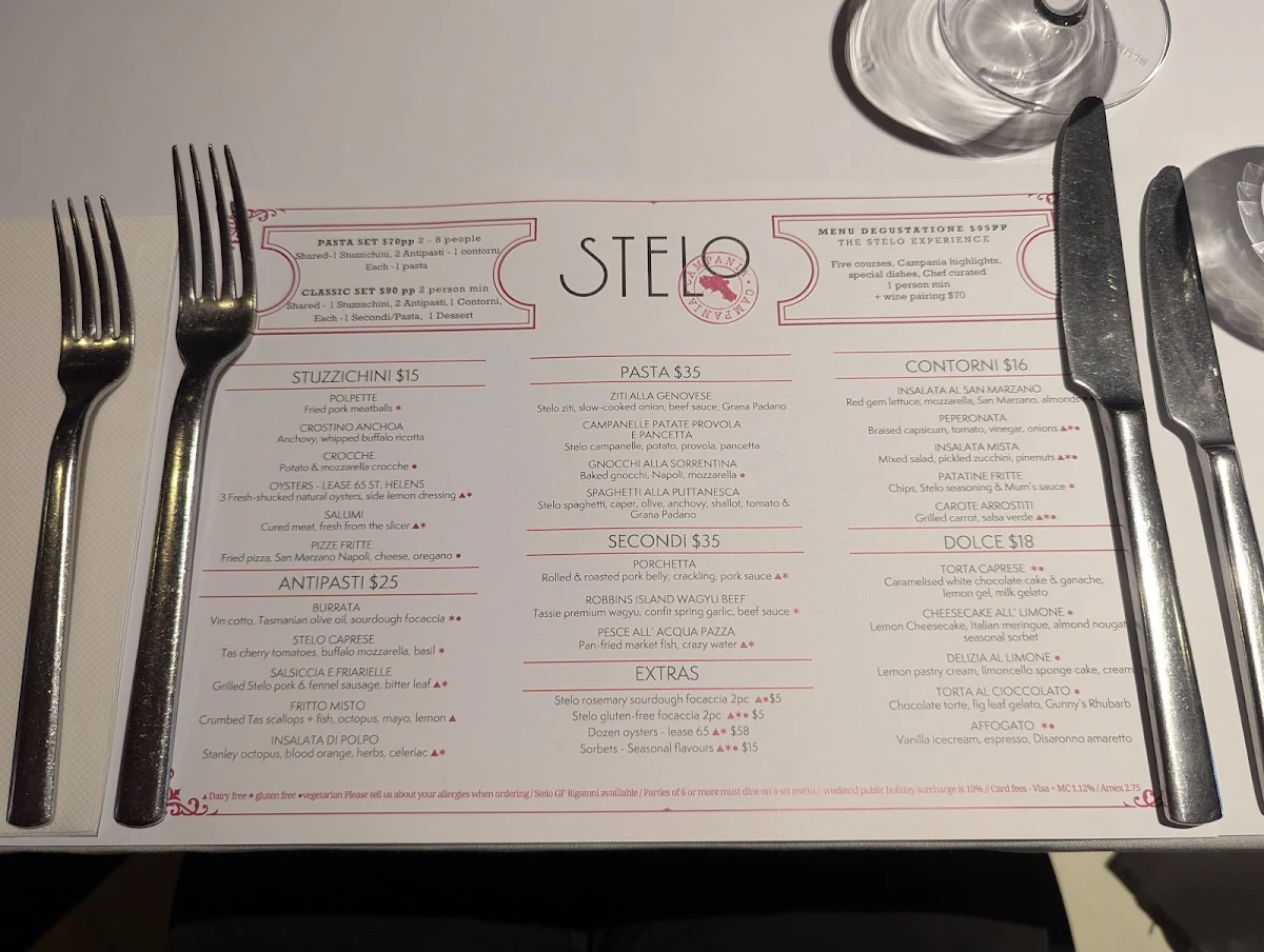 Menu, Stelo at Pierre's