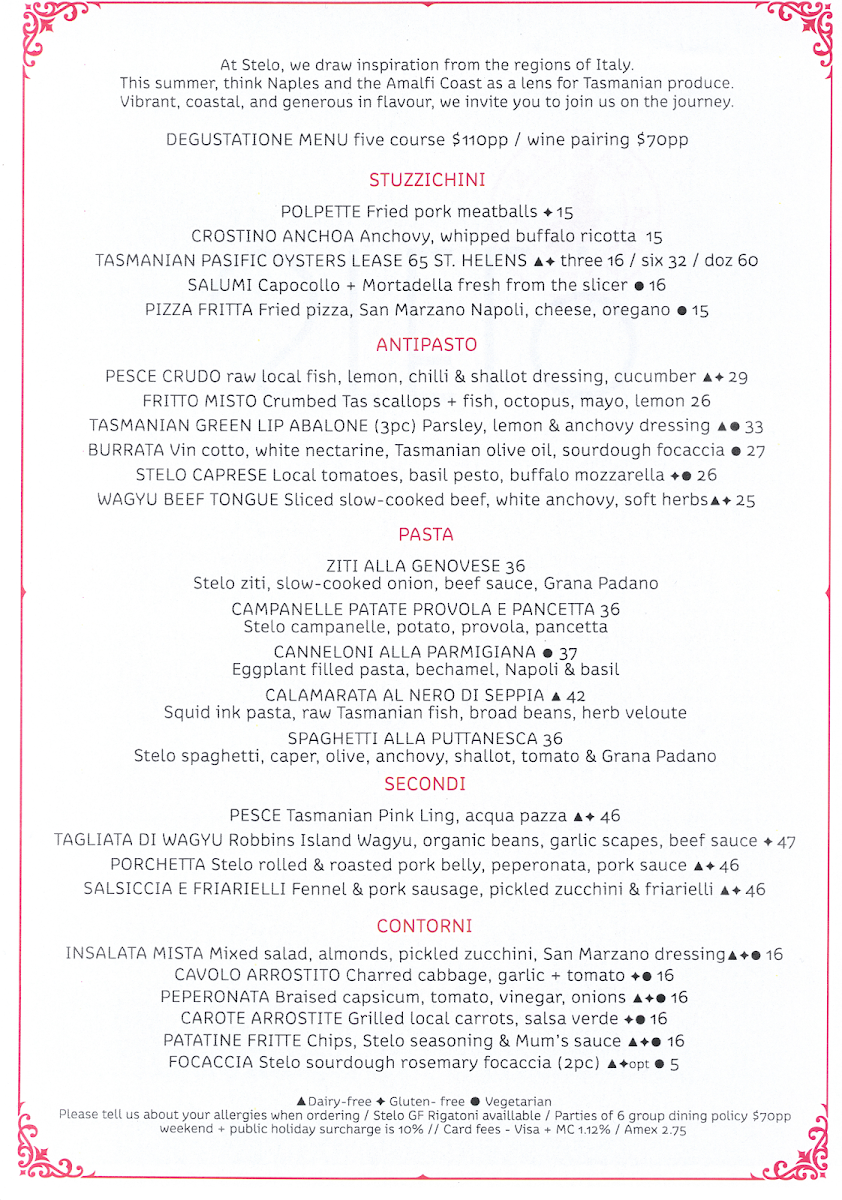 Menu, Stelo at Pierre's