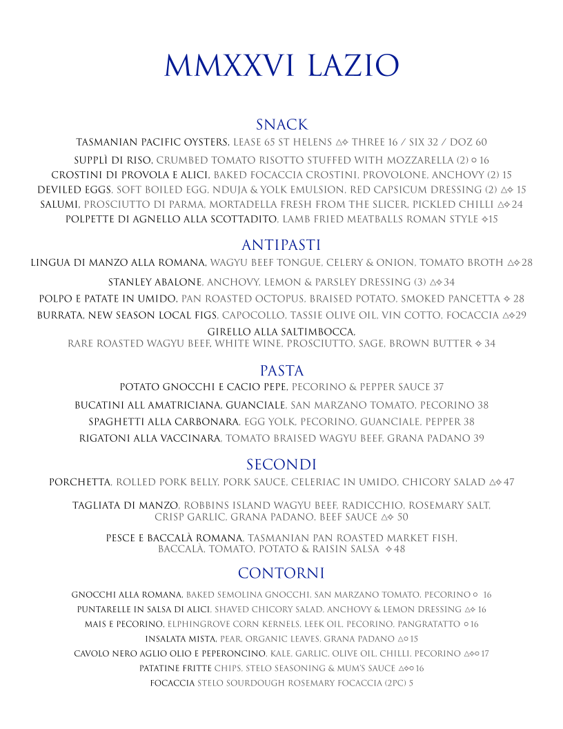 Menu, Stelo at Pierre's
