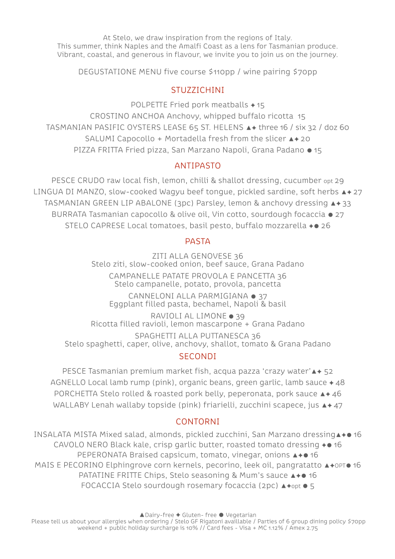 Menu, Stelo at Pierre's