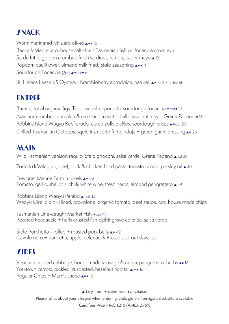 Menu, Stelo at Pierre's