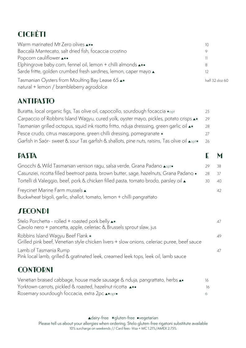 Menu, Stelo at Pierre's