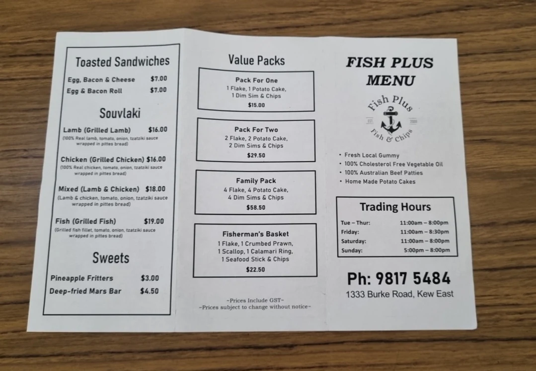Menu, Fish Plus - Fish and Chips