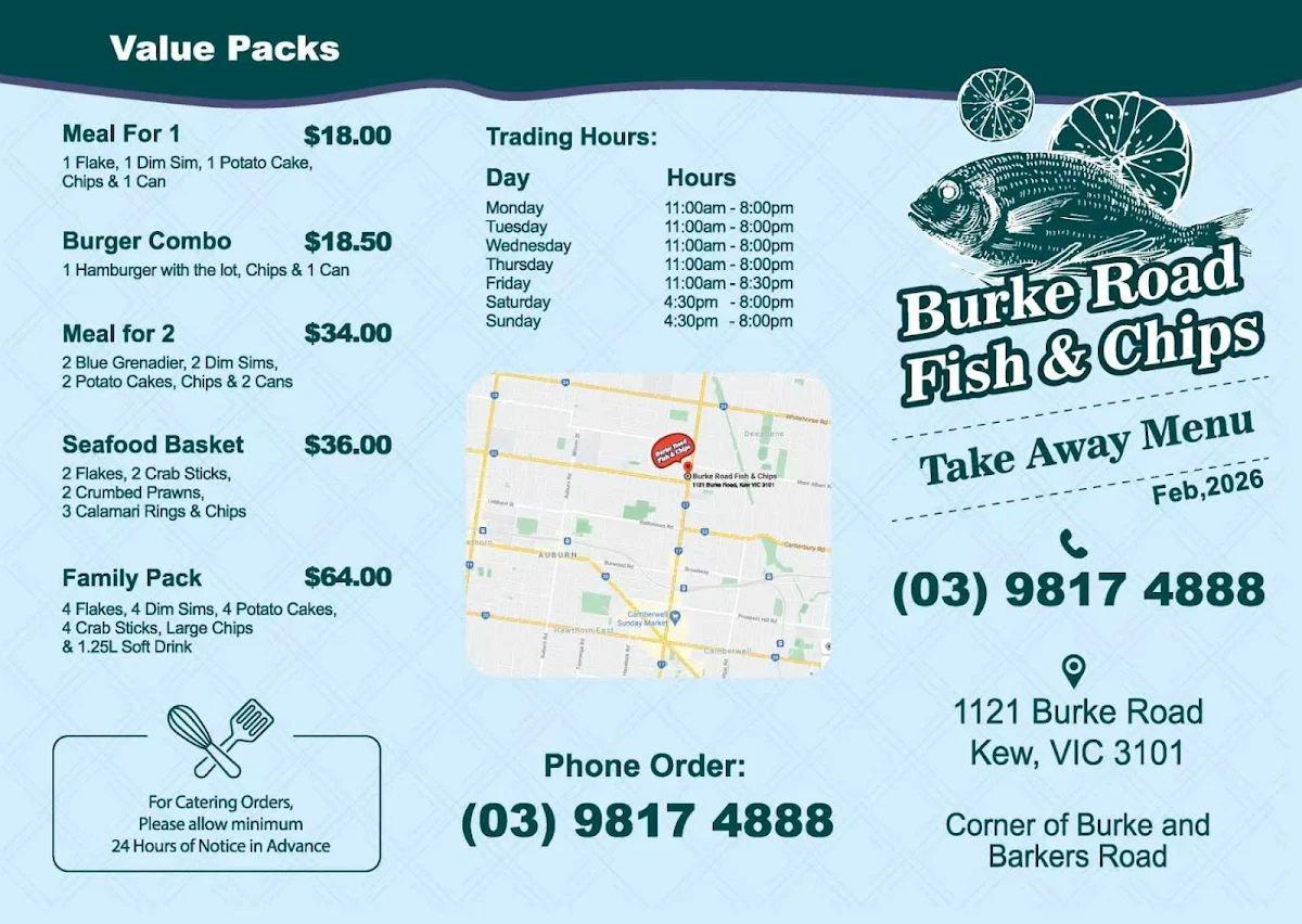 Menu, Burke Road Fish & Chips