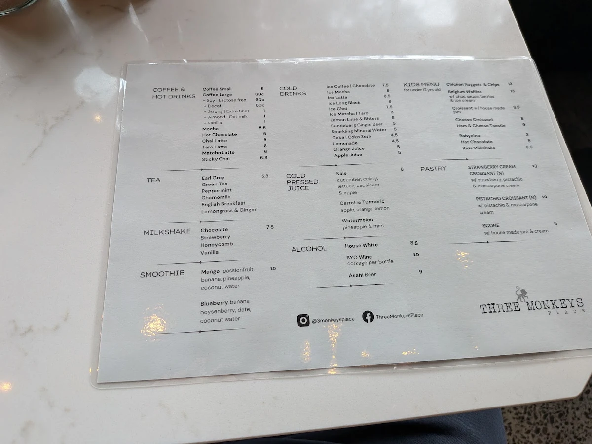 Menu, Three Monkeys Place