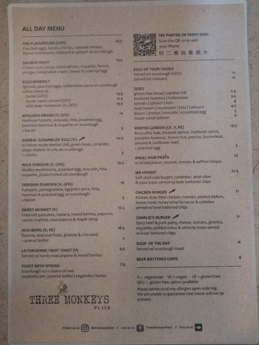 Menu, Three Monkeys Place