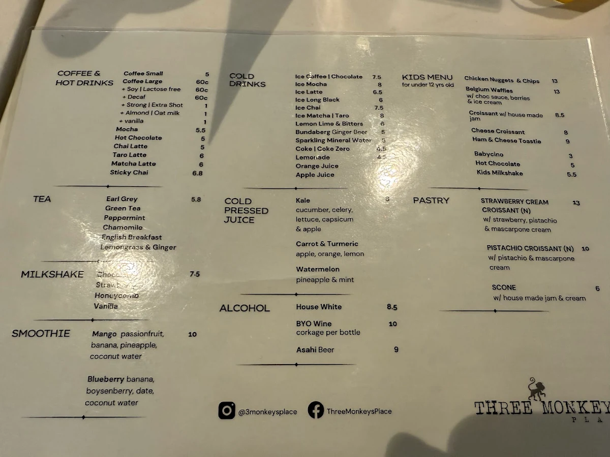 Menu, Three Monkeys Place