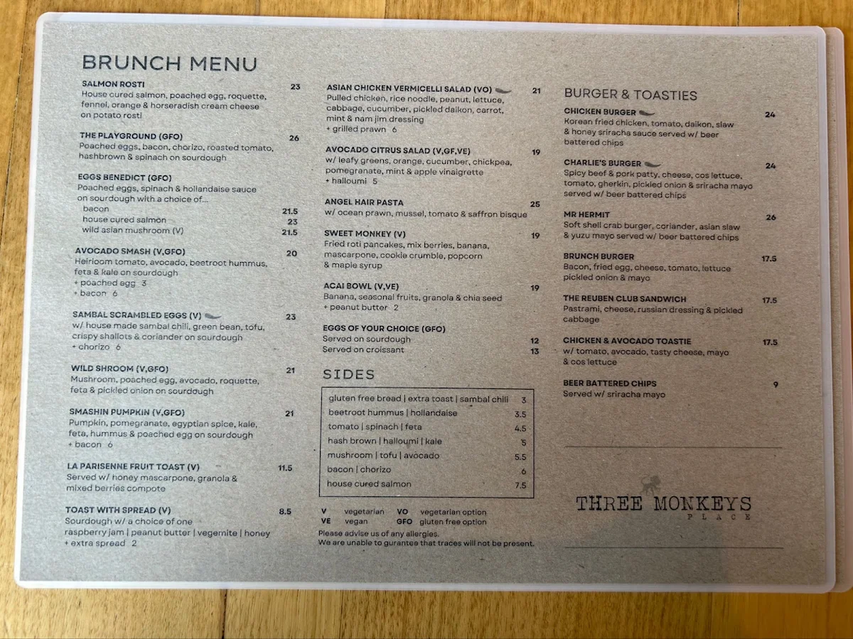 Menu, Three Monkeys Place