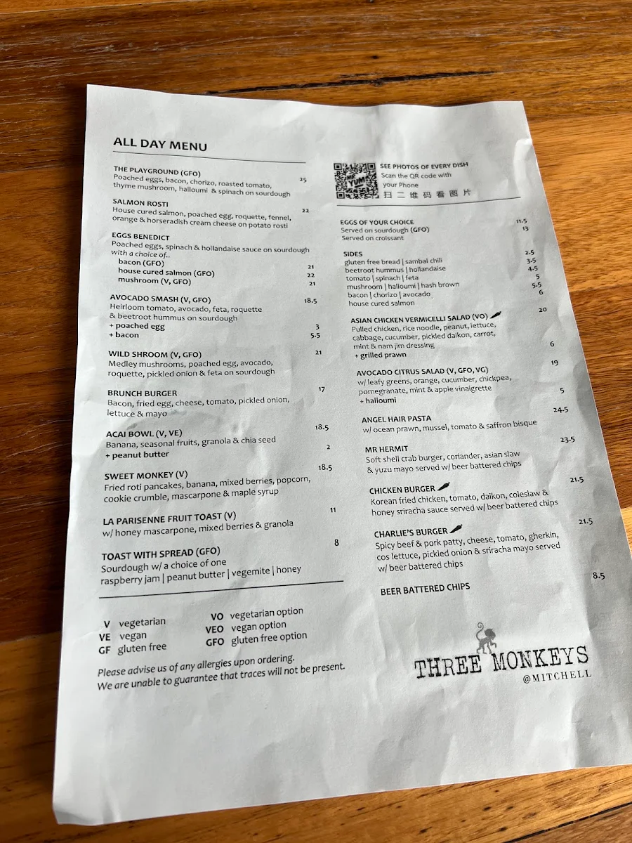 Menu, Three Monkeys Place