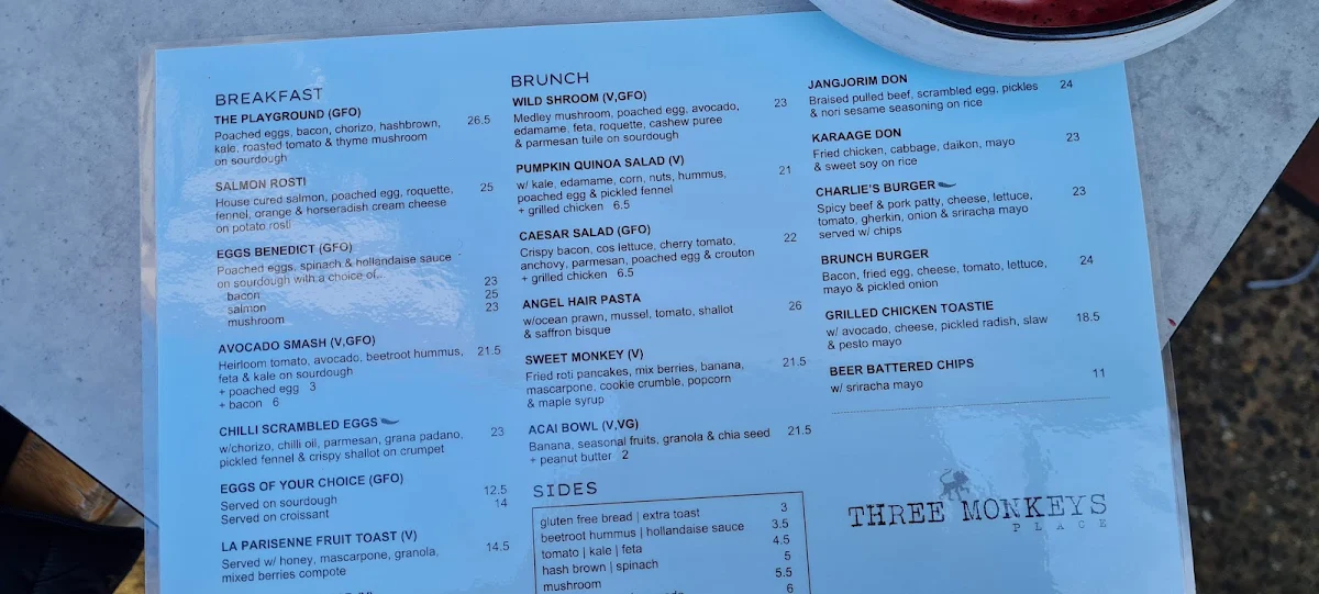 Menu, Three Monkeys Place