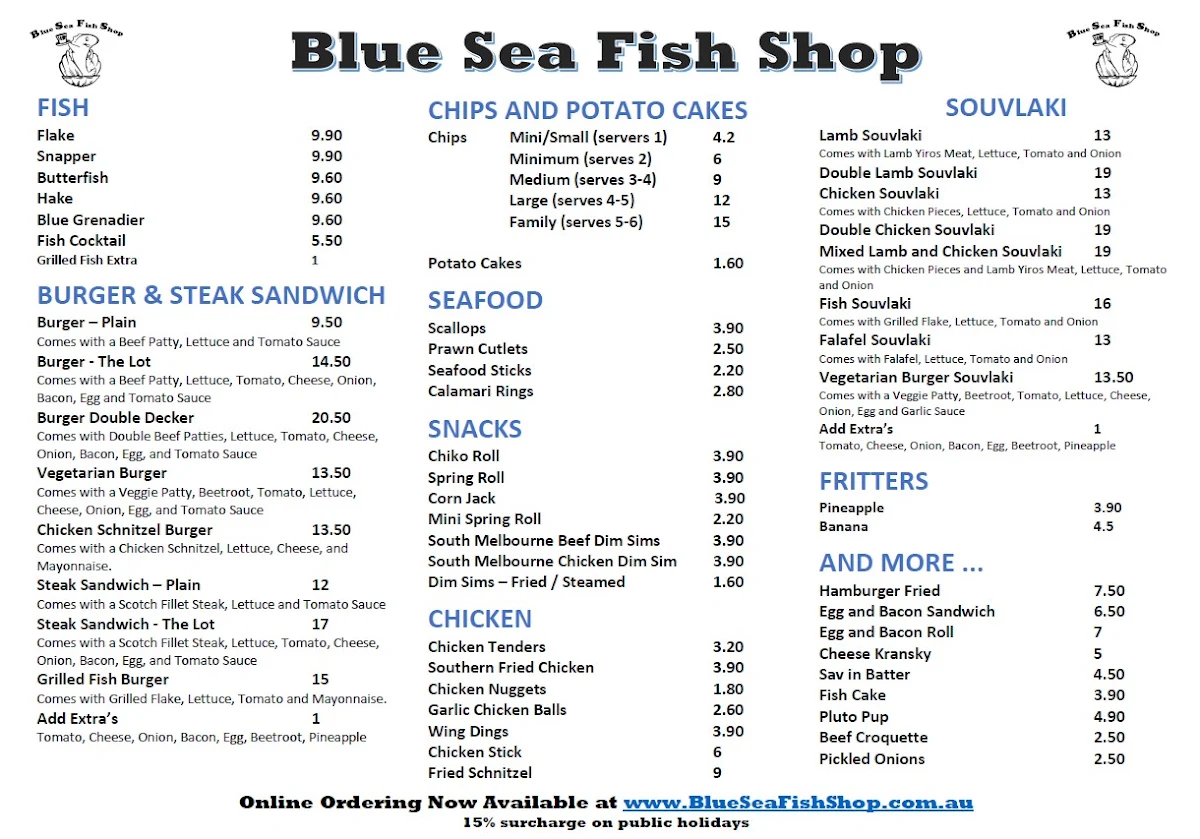 Menu, Blue Sea Fish Shop