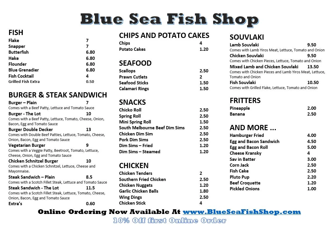 Menu, Blue Sea Fish Shop