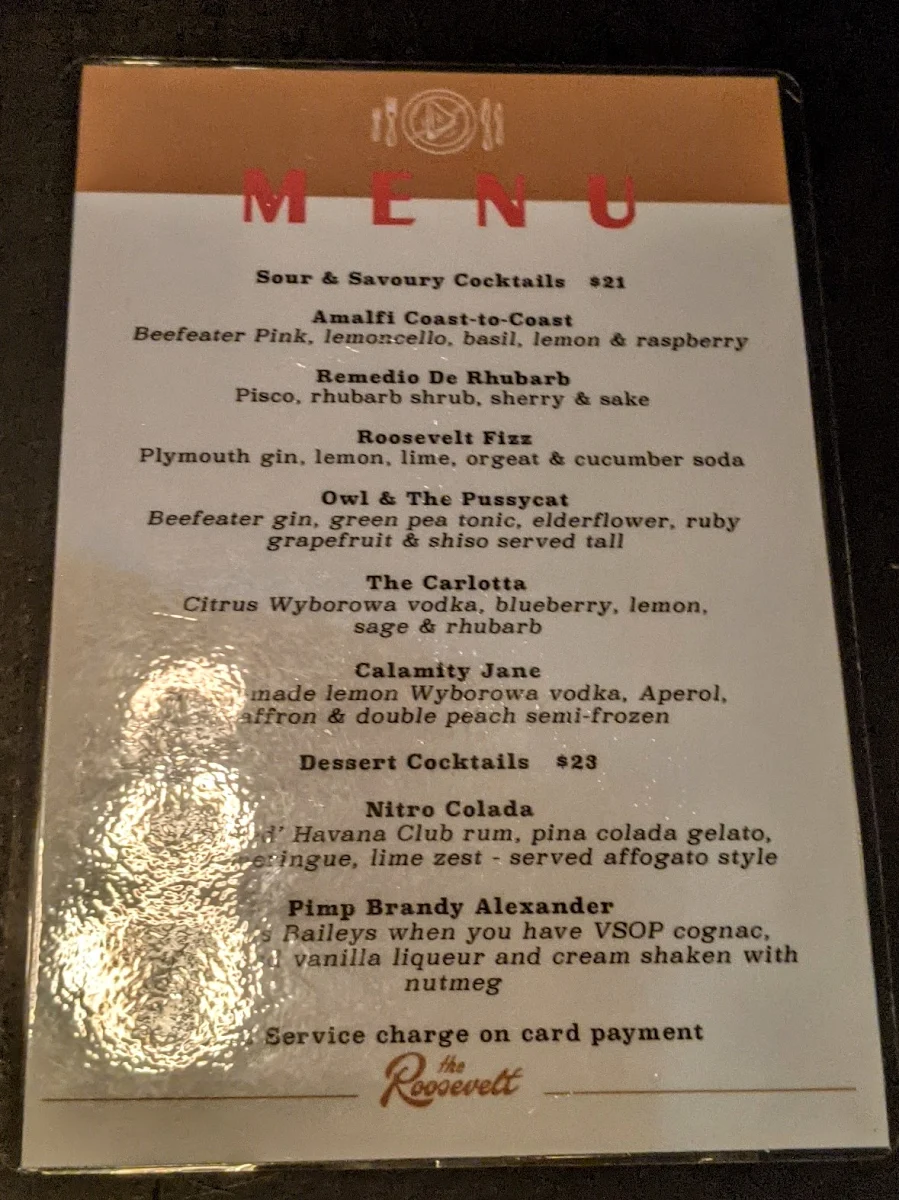 Menu, The Roosevelt
