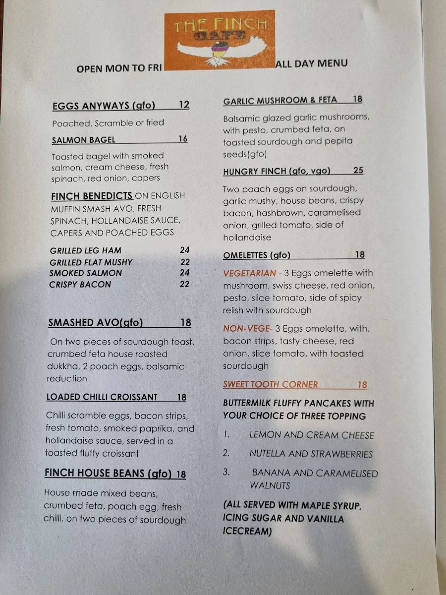 Menu, Finch Cafe