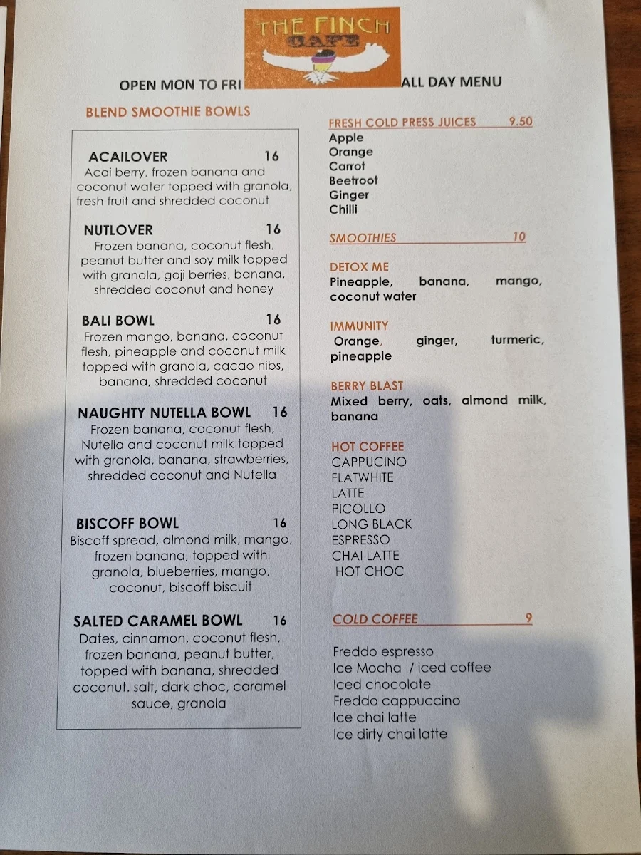 Menu, Finch Cafe
