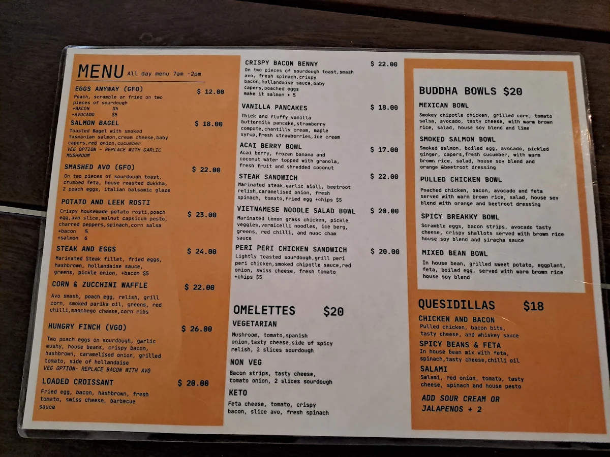 Menu, Finch Cafe