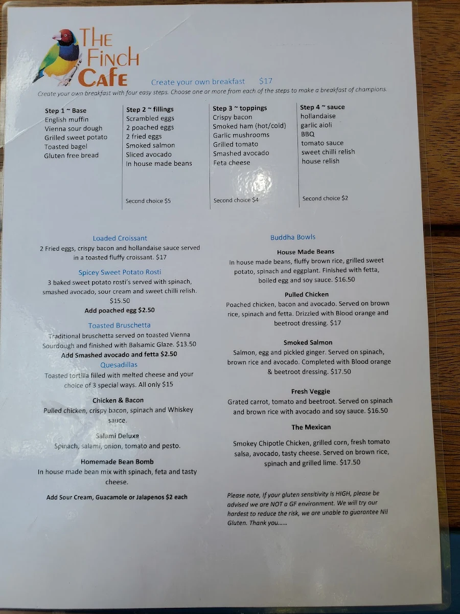 Menu, Finch Cafe