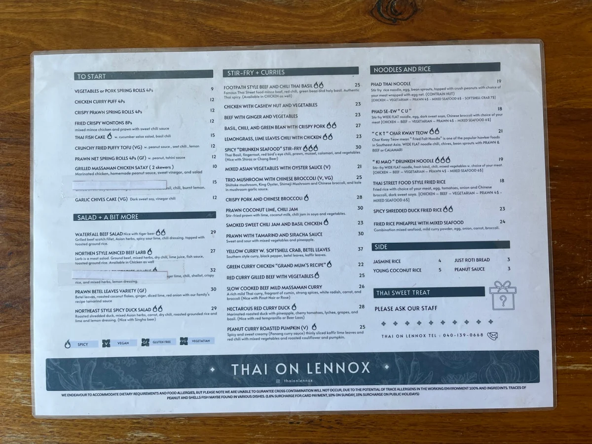 Menu, Thai on Lennox