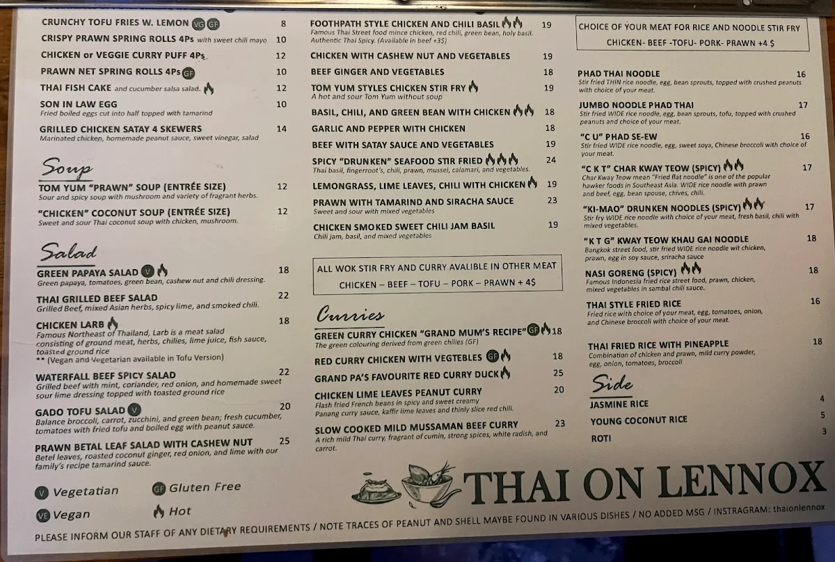 Menu, Thai on Lennox