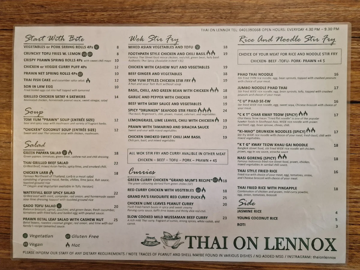 Menu, Thai on Lennox