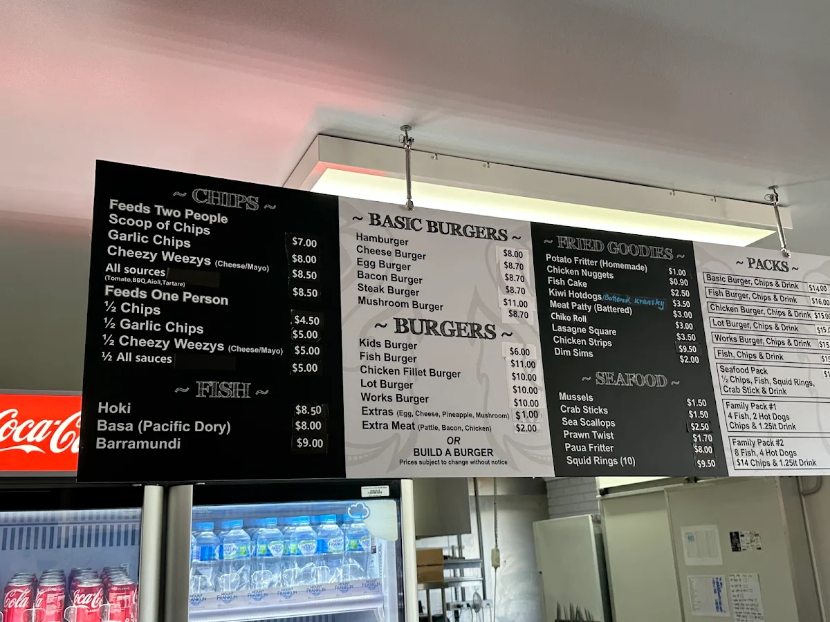 Menu, Kiwi Fish N Chips