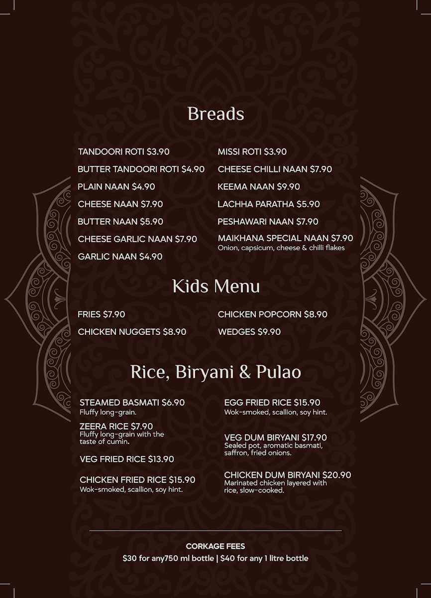 Menu, Maikhana
