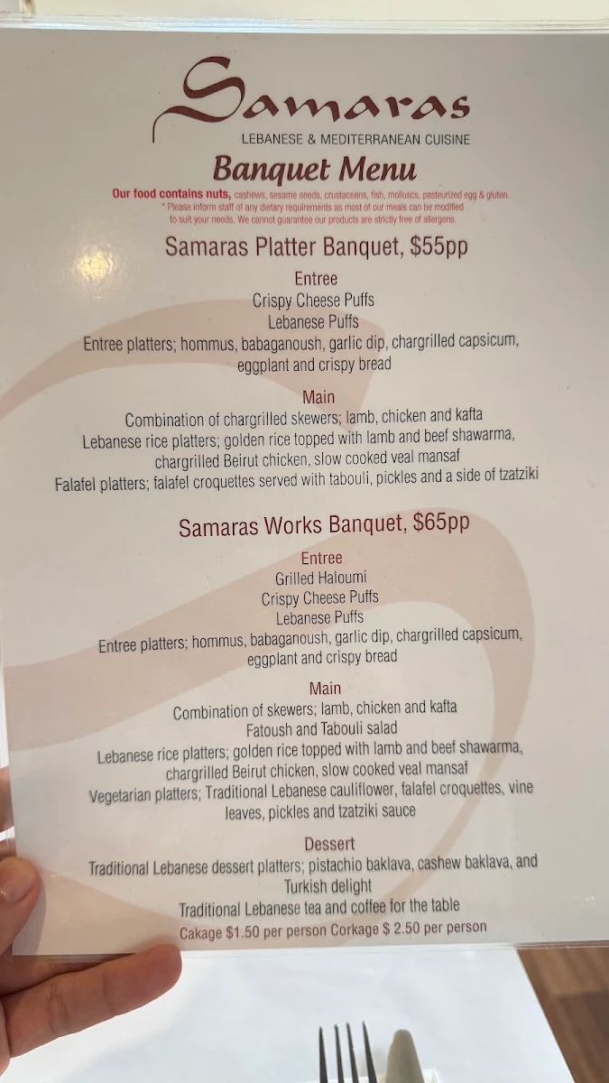 Menu, Samaras Restaurant Wollongong