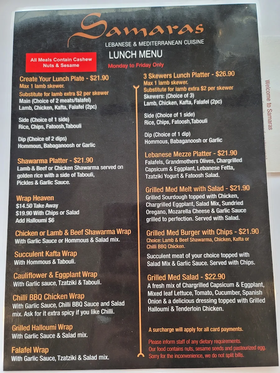 Menu, Samaras Restaurant Wollongong