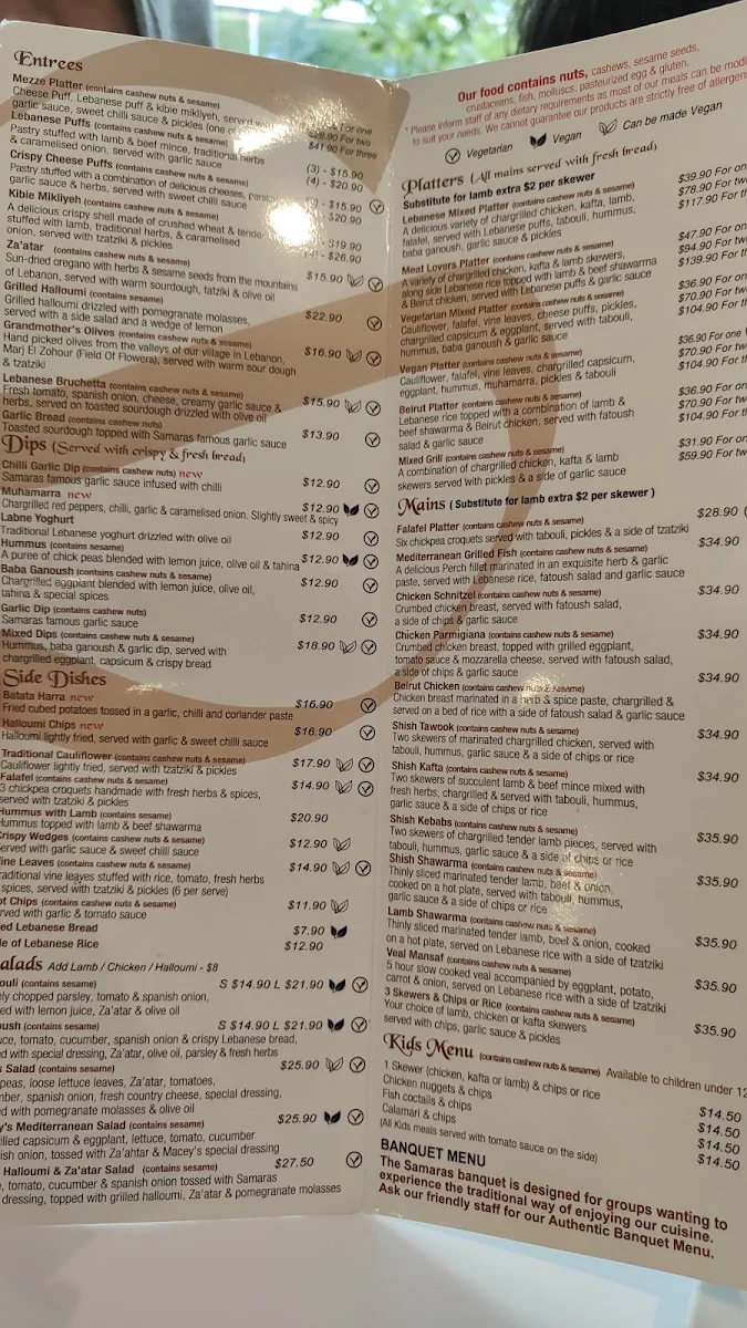 Menu, Samaras Restaurant Wollongong
