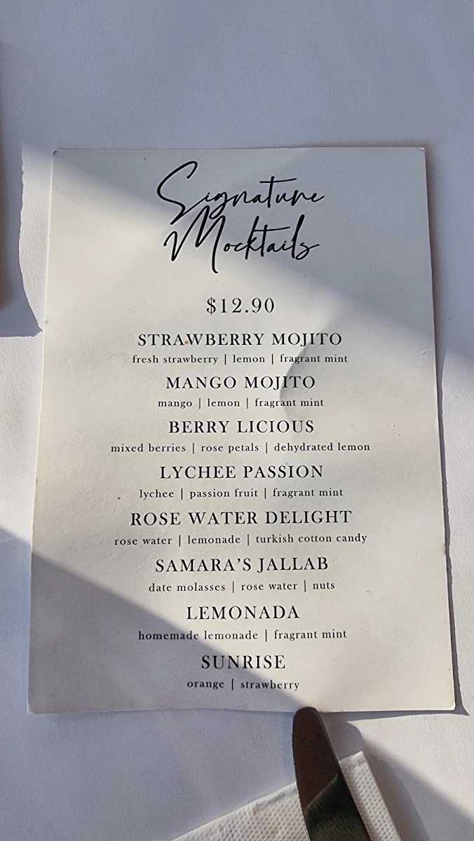 Menu, Samaras Restaurant Wollongong
