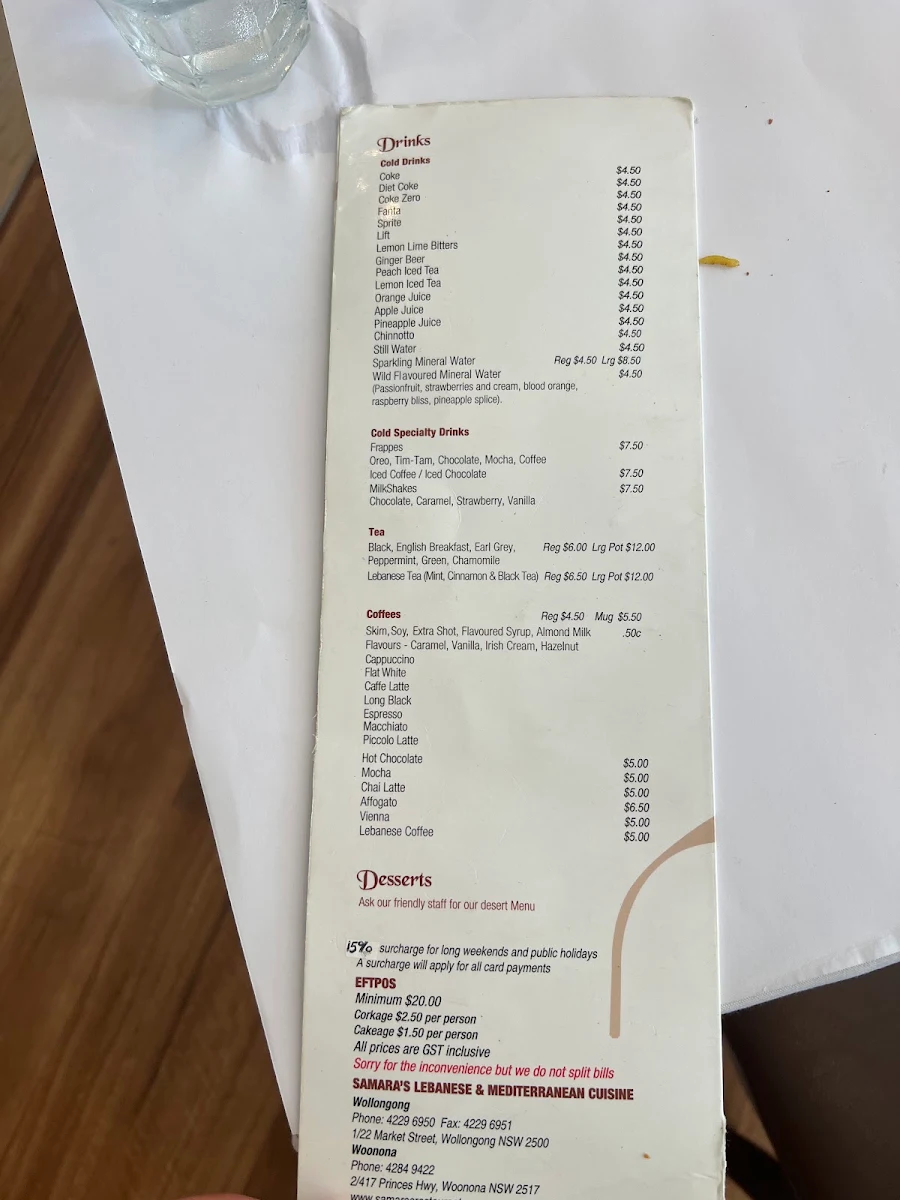 Menu, Samaras Restaurant Wollongong