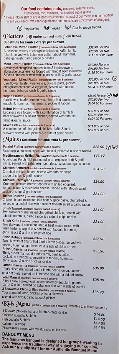 Menu, Samaras Restaurant Wollongong