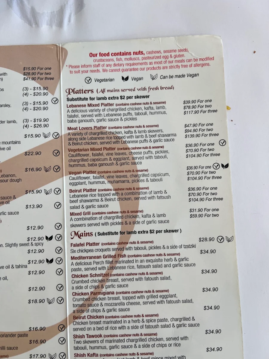Menu, Samaras Restaurant Wollongong
