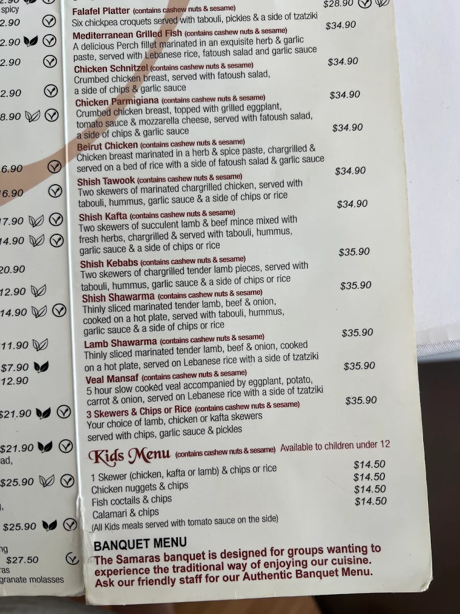 Menu, Samaras Restaurant Wollongong