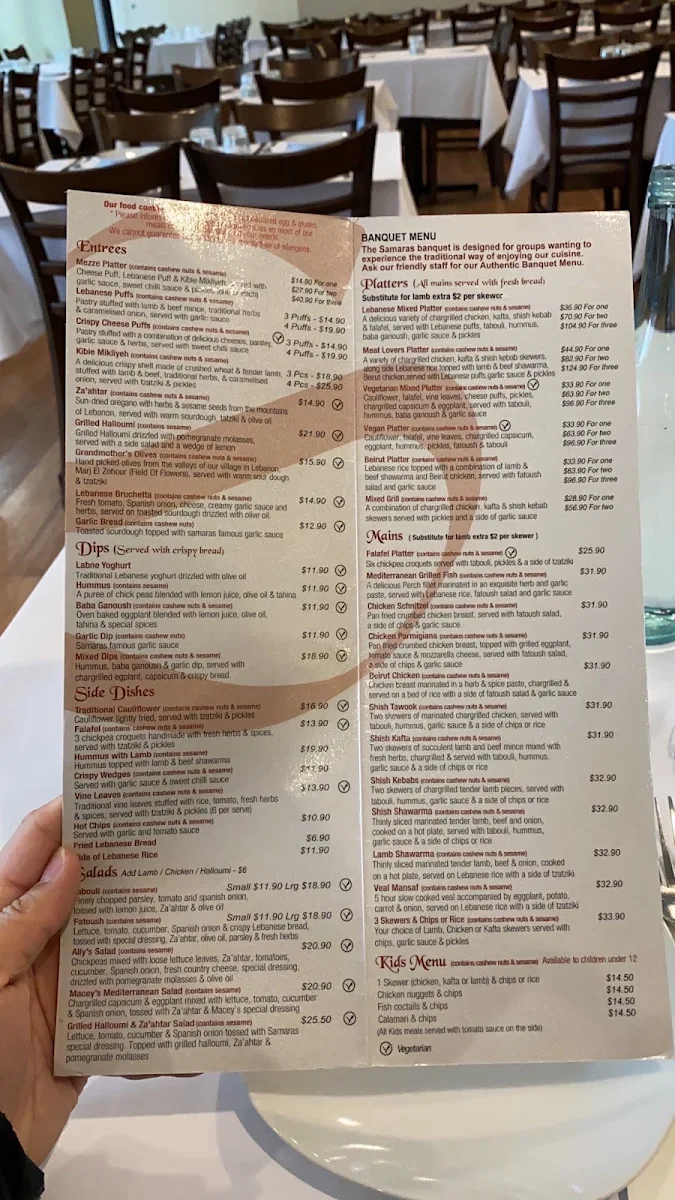 Menu, Samaras Restaurant Wollongong