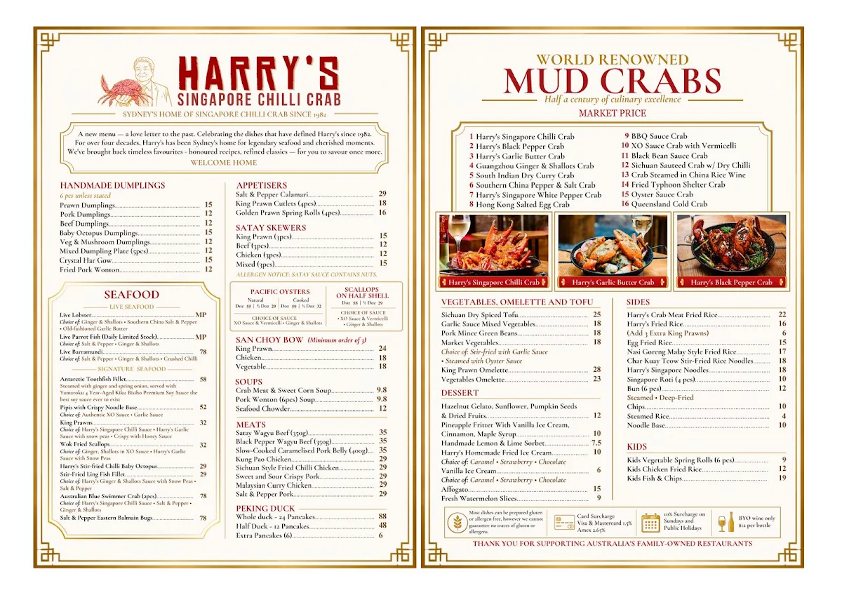 Menu, Harry's Singapore Chilli Crab Restaurant
