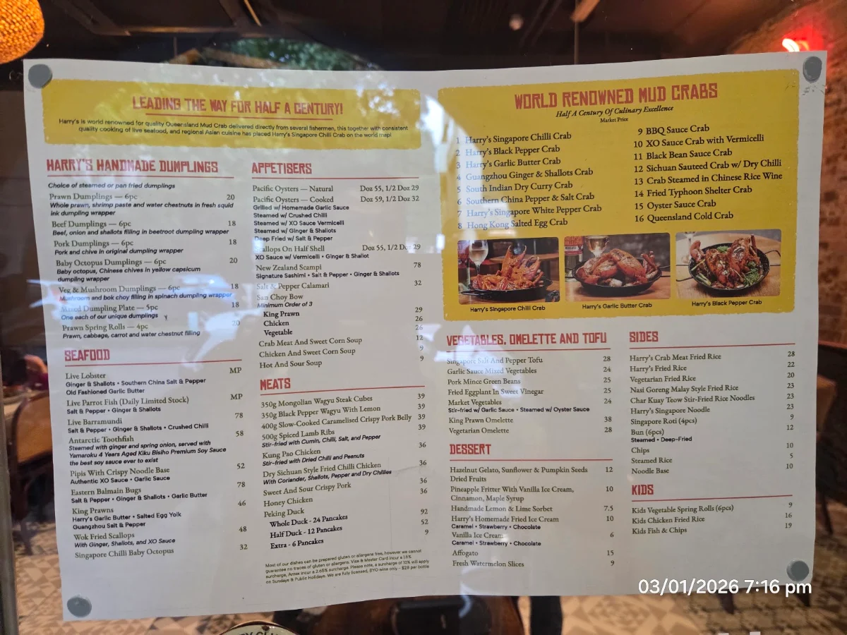 Menu, Harry's Singapore Chilli Crab Restaurant