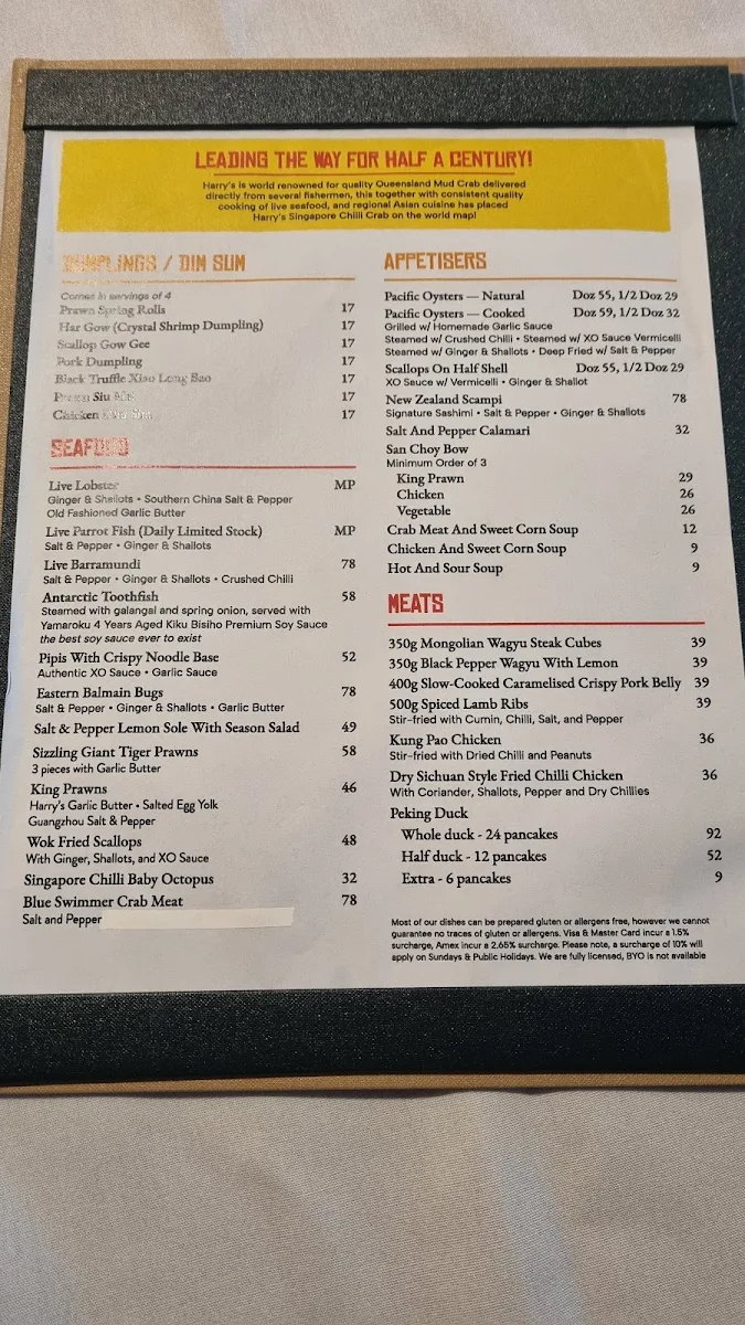 Menu, Harry's Singapore Chilli Crab Restaurant
