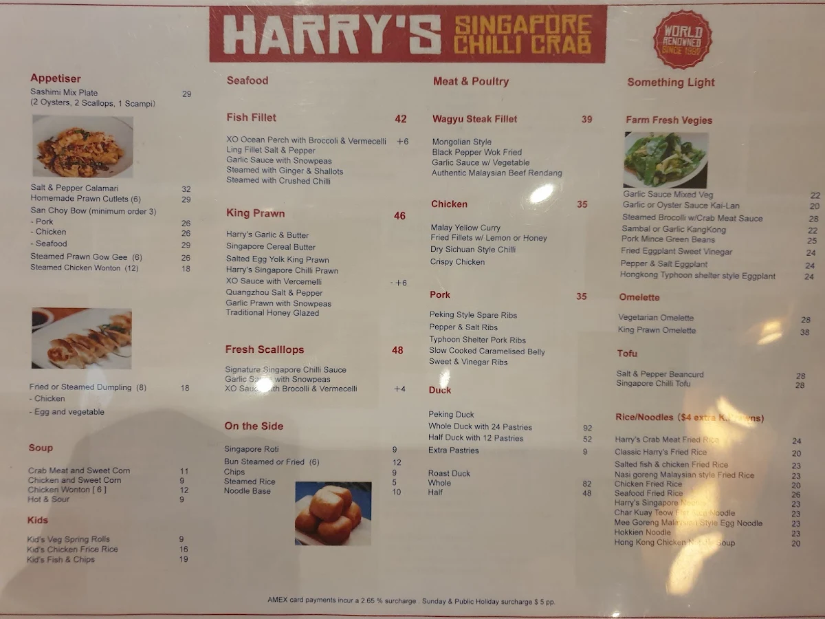 Menu, Harry's Singapore Chilli Crab Restaurant