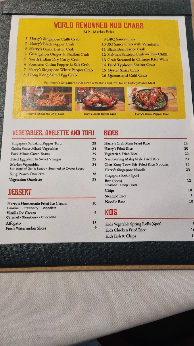 Menu, Harry's Singapore Chilli Crab Restaurant