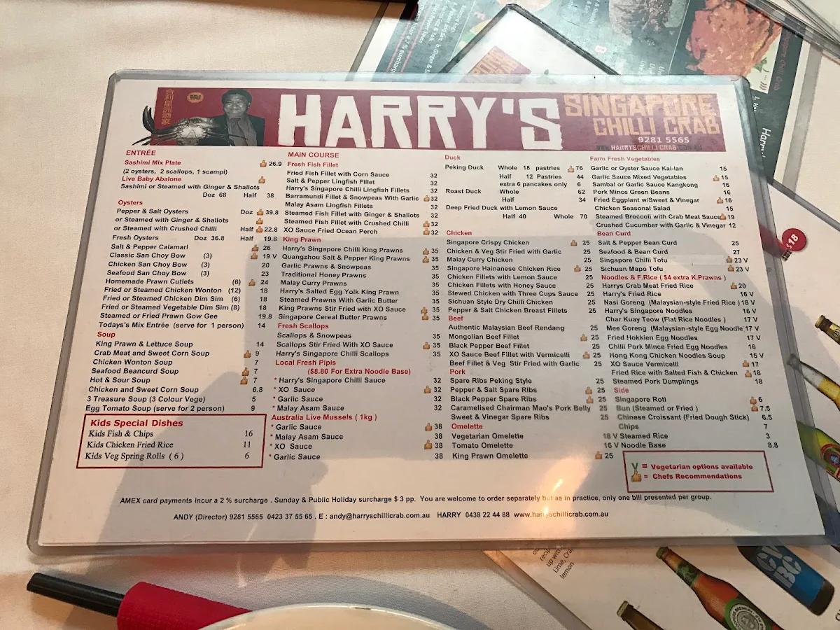 Menu, Harry's Singapore Chilli Crab Restaurant