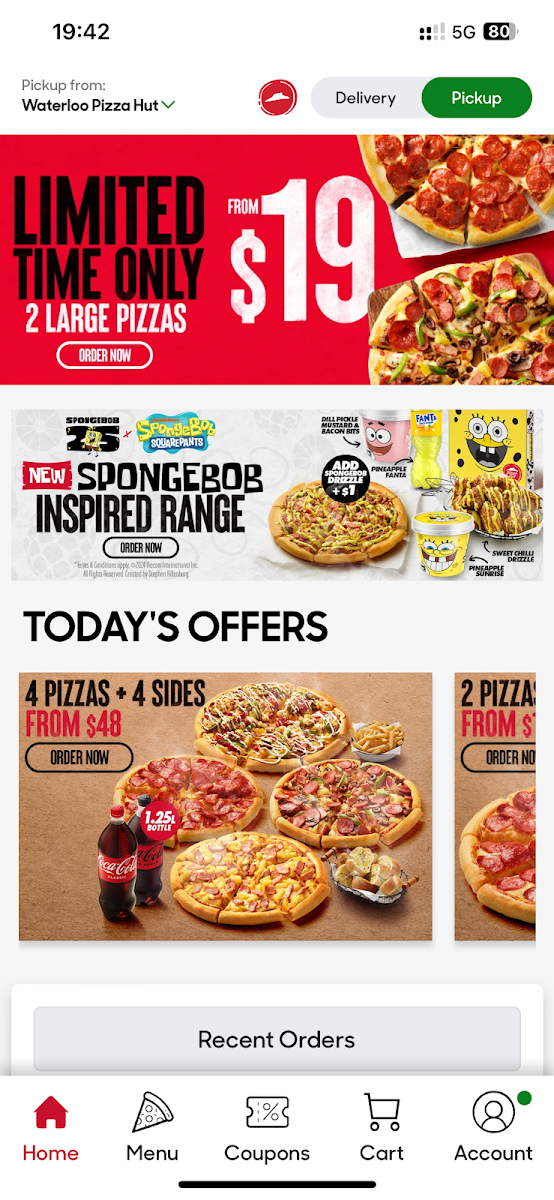 Menu, Pizza Hut Waterloo