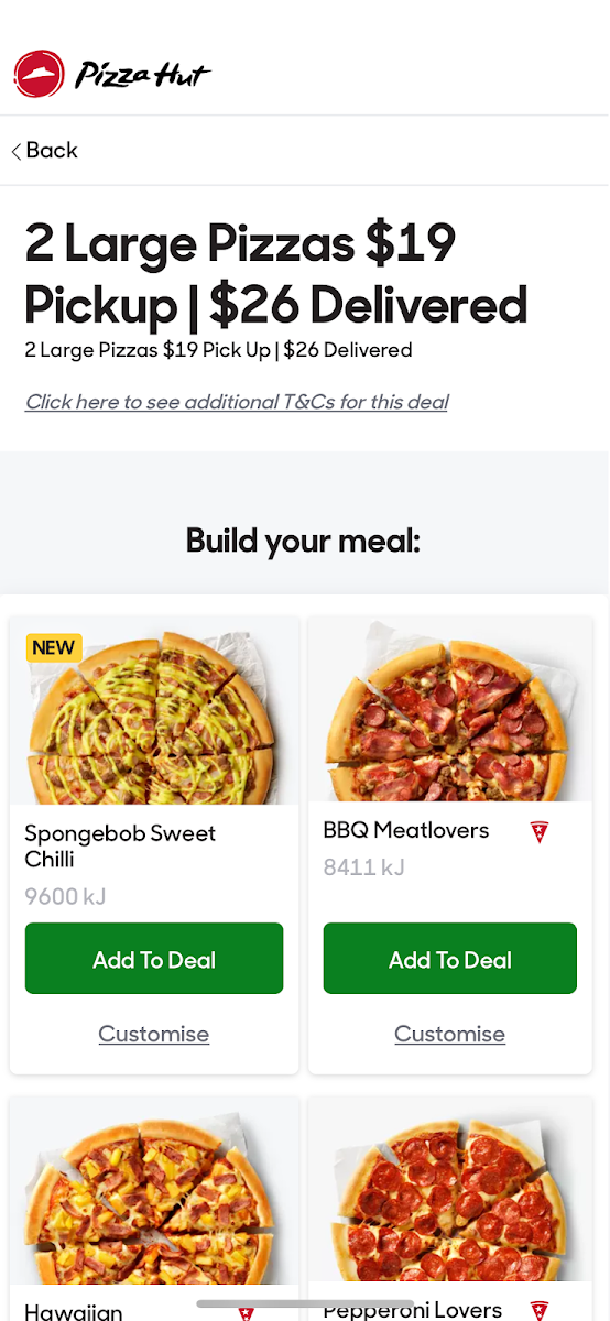 Menu, Pizza Hut Waterloo