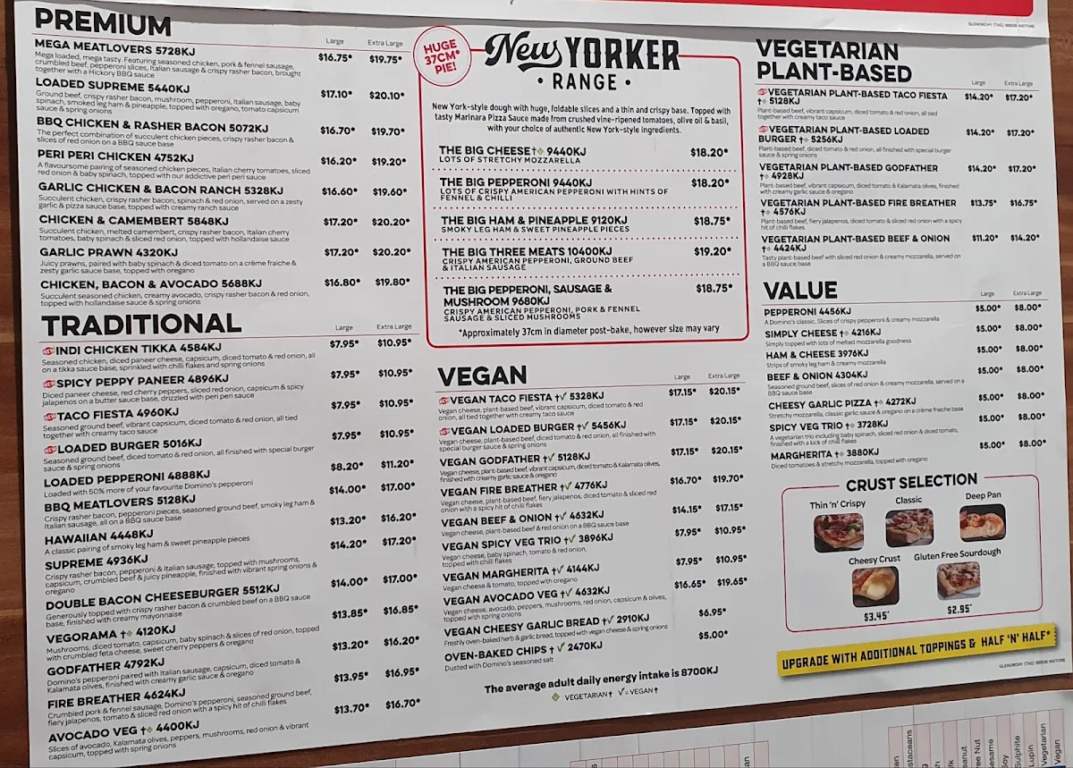 Menu, Domino's Pizza Glenorchy