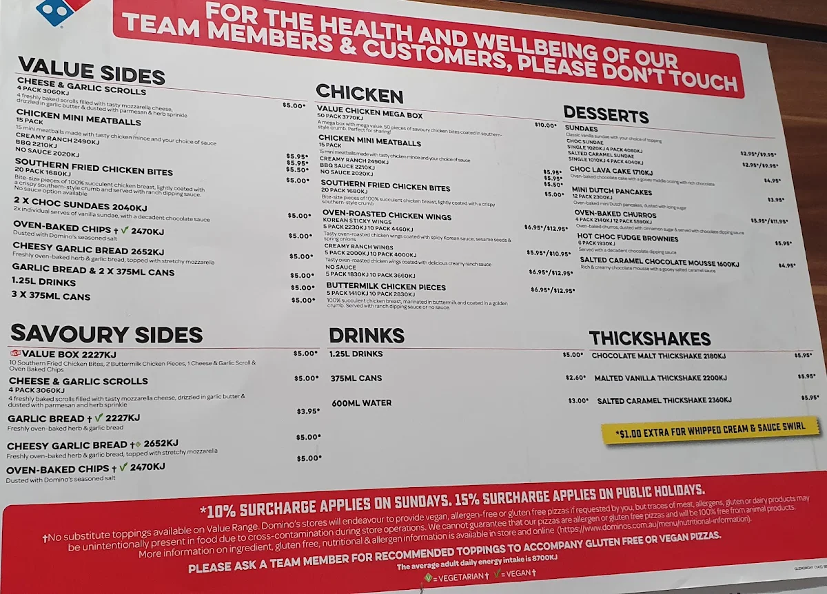 Menu, Domino's Pizza Glenorchy
